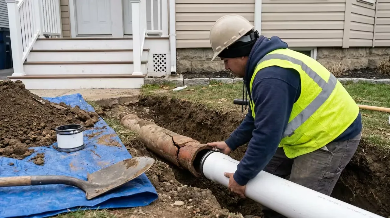 Plumber laying new PVC sewer pipe in a trench